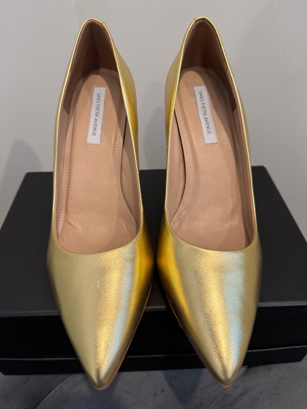 Saks Fifth Avenue Gold Pointed Toe Pumps